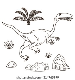 Vector hand-drawn illustration with  cute cartoon doodle dinosaur. Jurassic Park.