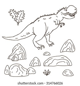 Vector hand-drawn illustration with  cute cartoon doodle dinosaur. Jurassic Park.