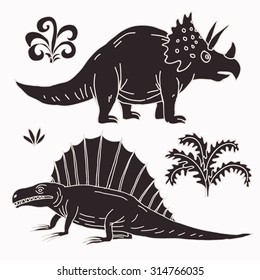 Vector hand-drawn illustration with  cute cartoon doodle dinosaur. Jurassic Park.