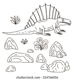 Vector hand-drawn illustration with  cute cartoon doodle dinosaur. Jurassic Park.