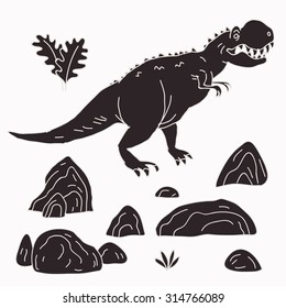 Vector hand-drawn illustration with  cute cartoon doodle dinosaur. Jurassic Park.