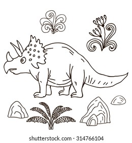 Vector hand-drawn illustration with  cute cartoon doodle dinosaur. Jurassic Park.