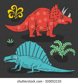 Vector hand-drawn illustration with  cute cartoon doodle dinosaur. 