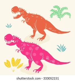 Vector hand-drawn illustration with  cute cartoon doodle dinosaur. 