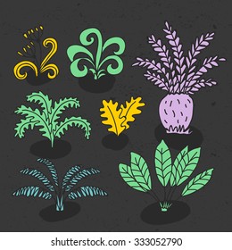 Vector hand-drawn illustration with  cute cartoon doodle palm trees and flowers