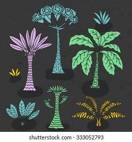 Vector hand-drawn illustration with  cute cartoon doodle palm trees and flowers