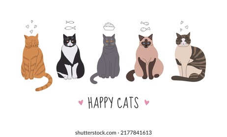 Vector hand-drawn illustration of cute cat characters isolated on a white background. Cartoon doodle style. Happy cat. Collection of cats in different poses. A greeting card.