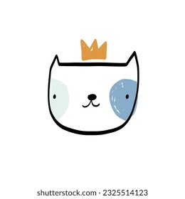 Vector hand-drawn illustration of a cute cat with a crown on his head. Funny princess kitten for kids. Scandinavian style. Pets. Animals.