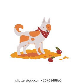 Vector hand-drawn illustration of a cute dog in an autumn garden. Sketch of a pet on a walk.