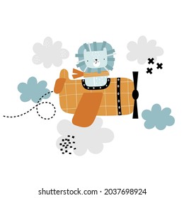 Vector hand-drawn illustration of a cute funny lion flying in an airplane, clouds and crosses. Animal pilots. Greeting card, print, poster design for kids. Trendy scandinavian character.