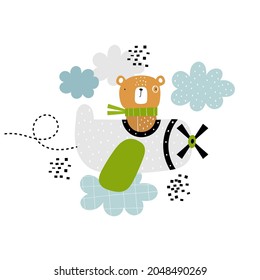 Vector hand-drawn illustration of a cute funny bear flying in an airplane and clouds. Animal pilots. Greeting card, print, poster design for kids. Trendy scandinavian character.