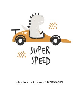 Ilustración vectorial a mano de un lindo y divertido paseo en dinosaurio en un auto de carreras retro y texto. Grabado a gran velocidad. Tarjeta de saludo, impresión, diseño de afiches para niños. Personaje escandinavo de moda.