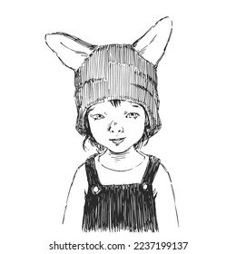 Vector hand-drawn illustration of a cute little girl in a fox hat. A sketch with a funny character in the style of an engraving.