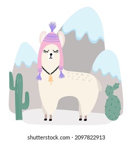 Vektorgrafik, handgezeichnet. Lama in einem warmen Hut vor der Bergkulisse ausruhen. Für Postkarten, Poster, Kinderzimmer Dekoration, Geschichten, soziale Medien, Web.