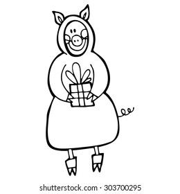 Vector hand-drawn illustration with  cute masquerade little pig
