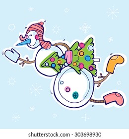 Vector hand-drawn illustration with  cute snowman