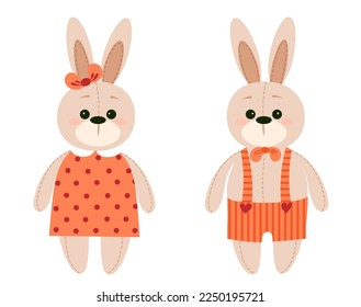 Vector hand-drawn illustration of a cute stuffed rabbit in clothes. Gift toy for Valentine's day, birthday, Christmas, holiday. Doodle.