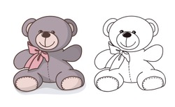 Vector Hand-drawn Illustration Of A Cute Teddy Bear. Gift Toy For Valentines Day, Birthday, Christmas, Holiday.