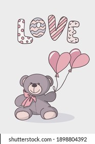 Vector hand-drawn illustration of a cute teddy bear. Greeting card for Valentines day, birthday, holiday.