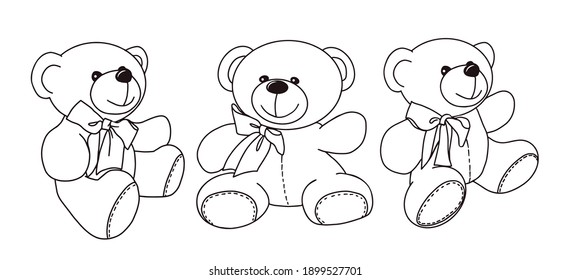 Dibujo vectorial a mano de un oso de peluche lindo en diferentes poses.