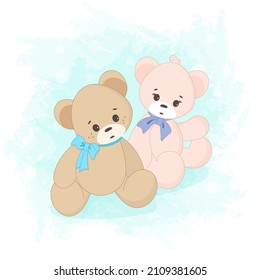 Vector hand-drawn illustration of cute teddy bears. Greeting card for Valentine's day, birthday, holiday. Doodle.