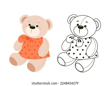 Vector hand-drawn illustration of a cute teddy bear in clothes. Gift toy for Valentine's day, birthday, Christmas, holiday. Doodle.