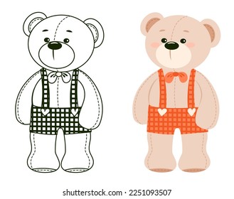 Dibujo vectorial a mano de un lindo oso de peluche vestido. Juguete de regalo para el día de San Valentín, cumpleaños, Navidad, vacaciones. Doodle.