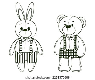 Vector hand-drawn illustration of cute teddy bears and a rabbit. Clipart for Valentine's day, birthday, Christmas, holiday. Doodle.