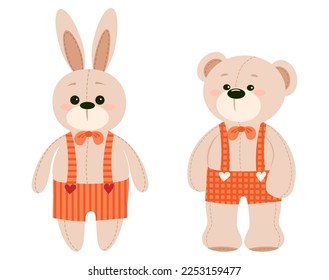 Vector hand-drawn illustration of cute teddy bears and a rabbit. Clipart for Valentine's day, birthday, Christmas, holiday. Doodle.