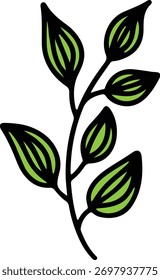 Vector Hand-drawn illustration of a delicate green branch with multiple leaves, isolated on a white background.