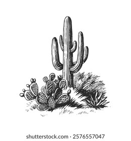 Ilustração à mão desenhada por vetor de cactos do deserto. Esboço preto e branco de plantas da América.
