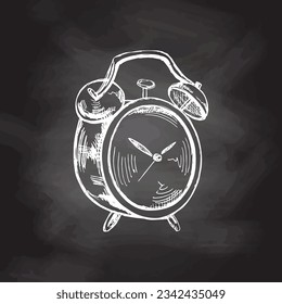 Vector hand-drawn Illustration. Detailed retro style old alarm clock sketch on chalkboard background. Vintage sketch element. Back to School. 