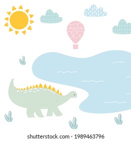 Vector. Hand-drawn illustration. Dino near the lake. Cute dino. Sun and clouds. Scandinavian style illustration. Children's wallpaper