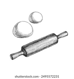 Vector dibujado a mano ilustración de piezas de masa y rodillo aislado sobre un fondo blanco. Un boceto del proceso de fabricación de tartas en el estilo de un grabado.