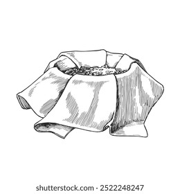 Vector hand-drawn illustration of dried herbs on a fabric for making a herbal pouch for hot Thai compress in the style of an engraving.