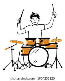 Vector hand-drawn illustration of a drum kit. isolated on white. drum, doodle style. hand drawing. the guy plays the drums