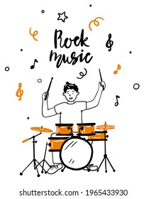 Vektorhandgezeichnete Illustration eines Drum-Kits. einzeln auf Weiß. Trommel, Doodle-Stil. Freehand Zeichnung. der Typ spielt Schlagzeug. Rockmusik