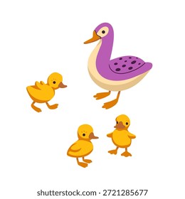Handgezeichnete Vektorgrafik einer Ente mit einem Entlein. Skizze von Teichvögeln.
