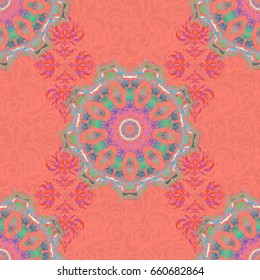 Vector hand-drawn illustration. Elegant seamless pattern with Mandala elements.