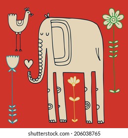 Vector hand-drawn illustration with elephant, flowers and bird