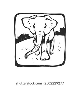 Vector dibujado a mano ilustración de elefante aislado en blanco. Sello con animal africano salvaje en estilo de boceto.