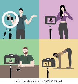 Vector handdrawn illustration of equipment for a vlogging. Girls and boys bloggers making records to camera. Beauty, sport, fitness, technology, entertainment and educational blogging concept 