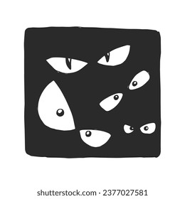 Vector hand-drawn illustration of eyes in darkness in linocut style. Stamp with Halloween symbol.