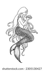 Vector hand-drawn illustration of a fantasy character in the style of engraving. A mermaid holds a lotus in her hands. A black and white Nixie sketch for a tattoo or a print on a T-shirt.