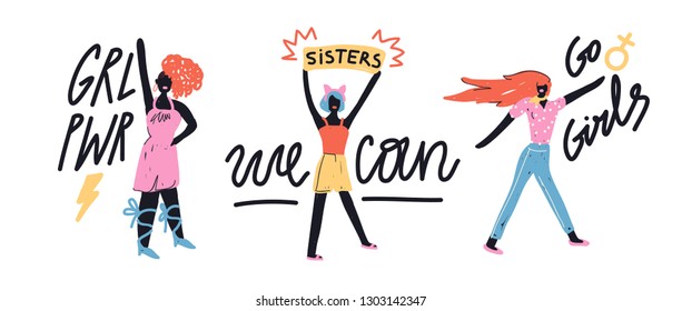 Vector handdrawn illustration of female friends, sisterhood, union of feminists. Concept for prints, t-shirts, cards.
Signs "GIRL POWER", "WE CAN", "SISTERS", "GO GIRLS".