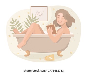 Vector hand-drawn illustration in flat style. Character in bathroom, cozy atmosphere. Girl takes a bath, reads a book. Rest, relaxation, home spa, skin care, anti-stress treatments. Postcard design