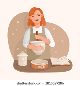 Vector hand-drawn illustration in flat style. A girl in an apron is cooking. Mixes the ingredients in a bowl. Baking dish, recipe book, and can with flour. Homemade baking, breakfast, cozy atmosphere.