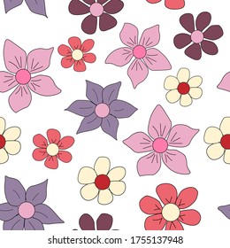 Vector hand-drawn illustration of flowers. Summer seamless pattern on a white background for textiles, printing,web design, packaging, etc.