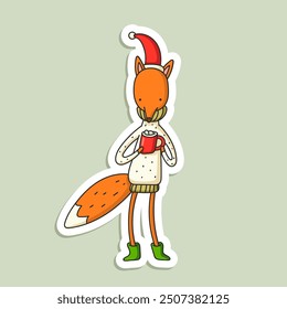 Vector hand-drawn illustration of Fox in Santa hat with mug isolated on white. Sticker with cute cartoon character with Christmas symbols.
