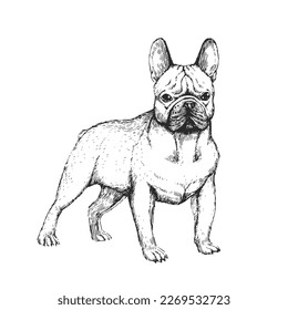 Vector hand  drawn illustration French Bulldog in engraving style  Sketch and cute pet isolated white  Dog breed 
